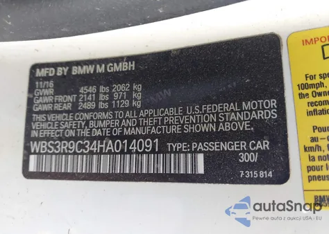 2017 BMW M4 from USA, damaged, VIN WBS3R9C34HA014091